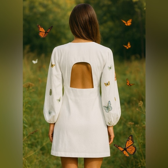Fanm Mon Larson Butterfly Embroidered Long Sleeve V Neckline Mini Dress NEW $359 - Picture 3 of 15